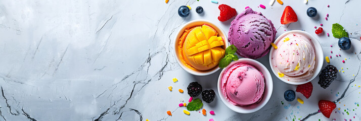 A vibrant and exotic selection of ice cream in various flavors with slices of tropical fruits and berries on a white marble background Summery dessert