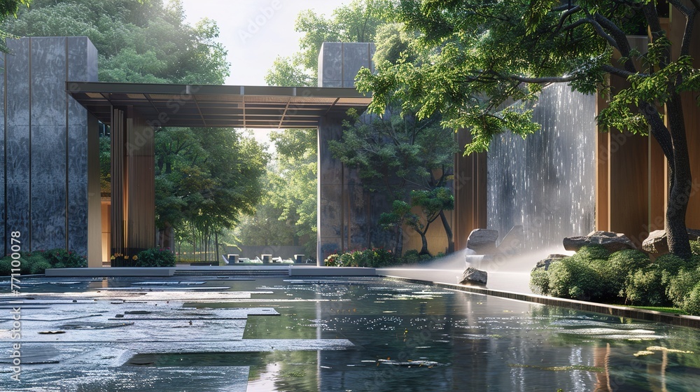 Poster a main gate design with an integrated water feature, where cascading streams or tranquil pools creat