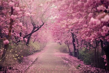 A path through a forest of pink cherry blossoms
