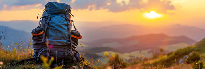 A lone traveler's backpack sits overlooking a panoramic sunset view with rolling hills and a vibrant sky