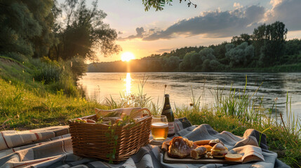 A serene picnic setup by the river at sunset, with food items, wine bottle, and glass showcased amidst nature