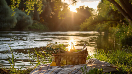 A peaceful picnic scene by the tranquil river as the golden hour bathes the scene in warm light
