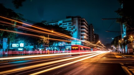 The light trails on the modern building background in city