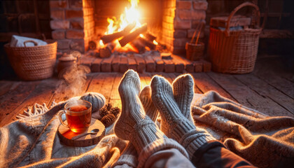 An inviting scene of two adults relaxing by a rustic fireplace, showcasing feet adorned in thick woolen socks, with a steaming cup of tea on a wooden coaster; a tranquil winter moment - 771100452