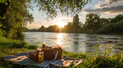 Captivating riverside picnic setup with a close focus on a basket and blanket in the soft light of sunset