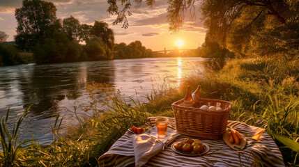 A picturesque sunset picnic scene with a basket, wine, and fruits by the idyllic riverside surrounded by nature