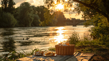 A serene scene with a picnic basket, blanket, surrounded by calm river and sunset hues, depicting a tranquil getaway