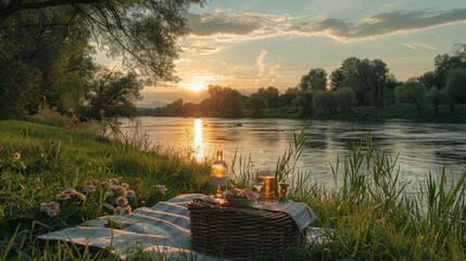 Idyllic picnic with a rich spread of food and drink on a river bank during a beautiful sunset