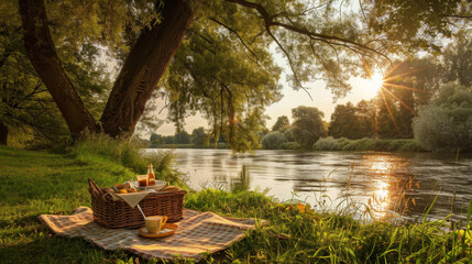 A welcoming picnic ambiance with food and drinks laid on a blanket beside the calm river at sunset