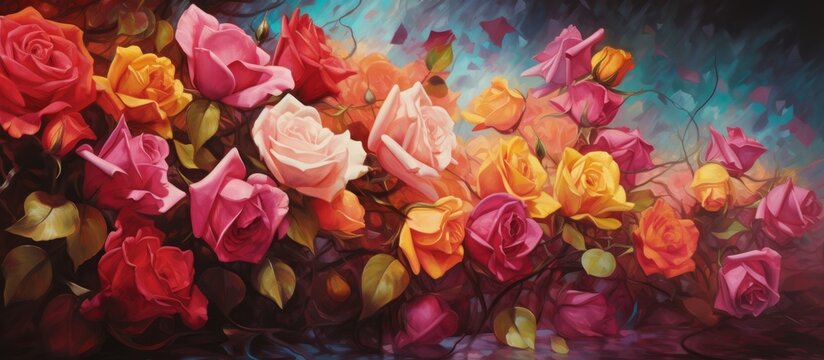 A beautiful piece of art portraying a bouquet of vibrant roses in shades of pink and magenta against a dark background, showcasing the beauty of flowers from the Rose family