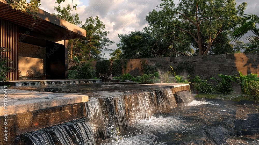 Aufkleber a main gate design with an integrated water feature, where cascading streams or tranquil pools creat