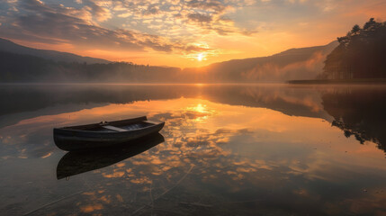 The warm glow of sunset reflecting on a tranquil mountain lake, with a canoe resting in the foreground