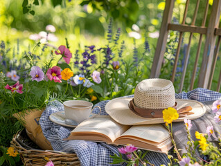 Idyllic setting with an open book on a blanket beside a straw hat, surrounded by flowers and a cup of tea