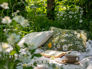 An intimate corner in nature with pillows, a book, and a cup of tea surrounded by vibrant greenery and flowers