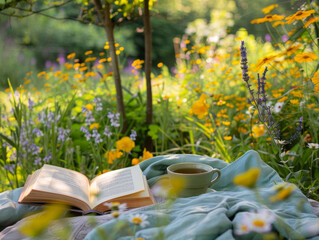 A relaxing scene of an open book and a cup of tea amidst a blooming garden during a sunny summer day