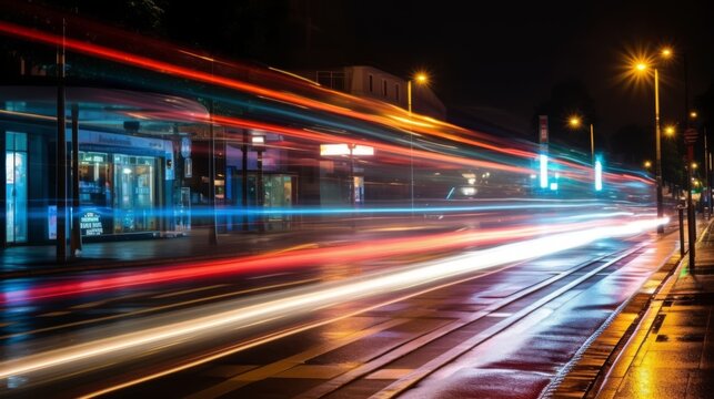 The light trails on the modern building background in city