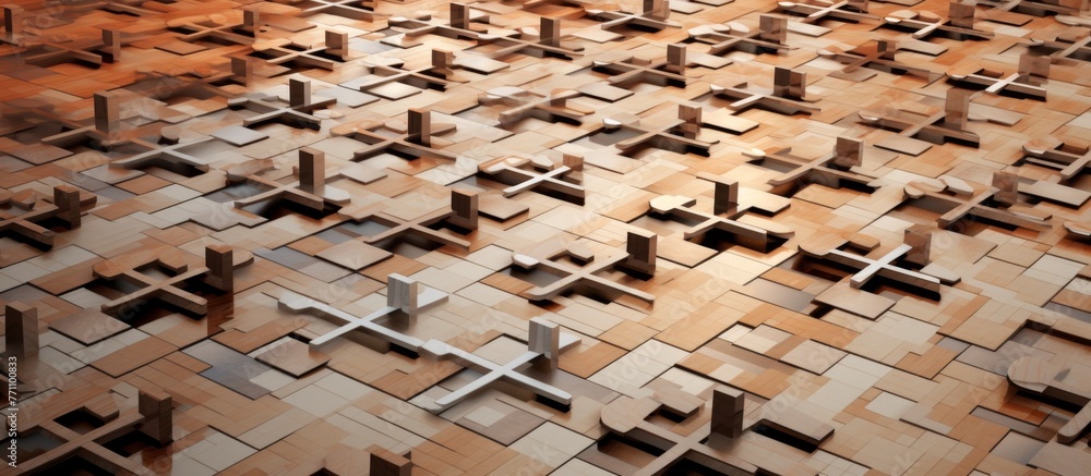 Aufkleber closeup of a wooden floor adorned with numerous crosses, creating an intricate pattern in the buildi