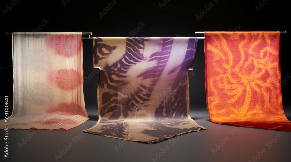 Poster display of textiles created using heat-sensitive and photochromic materials that change colors and p