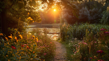 A picturesque pathway meanders through an assortment of flowers and plants, illuminated by the golden dusk sunlight