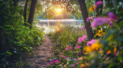 A serene and inviting pathway is framed by trees and flowers with the sun setting over a tranquil lake