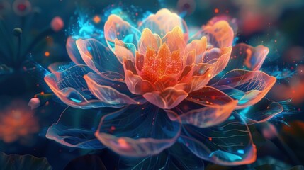 Digital art of a blooming lotus flower with illuminated petals, Concept of growth, enlightenment, and natural beauty
 - obrazy, fototapety, plakaty