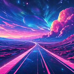 highway in the night, neon lightning, scenery illustration