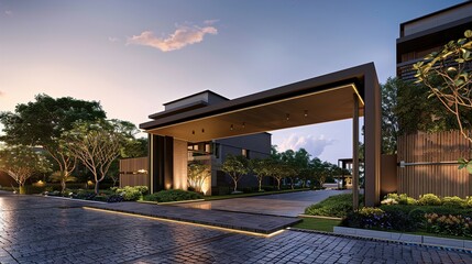 A main gate design with a cantilevered structure, creating a sense of weightlessness and architectural intrigue that adds a touch of drama to the entrance of the modern house in - obrazy, fototapety, plakaty