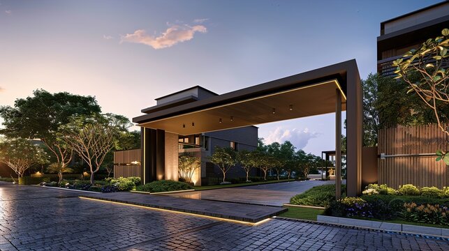 A main gate design with a cantilevered structure, creating a sense of weightlessness and architectural intrigue that adds a touch of drama to the entrance of the modern house in