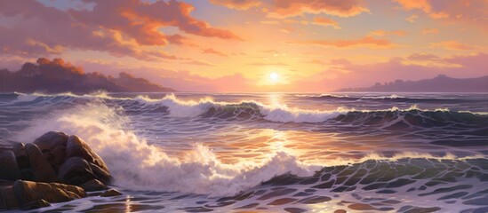 A painting capturing the afterglow of a sunset over the ocean, with waves crashing on rocks. The sky filled with cumulus clouds and the water reflecting the colorful dusk atmosphere - Powered by Adobe