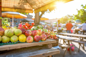 Sunlight illuminates a colorful display of fruits on a wooden table at a market stall