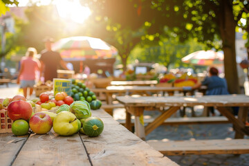 Late afternoon sun lighting up picnic tables near fresh produce stands at a market