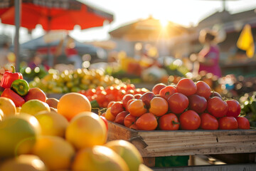 Vibrant farmers market stall with ripe tomatoes and bell peppers basking in the warm sunlight