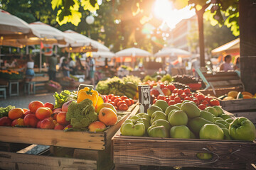 Market stand displaying fresh green apples and colorful vegetables, highlighted by sunlight