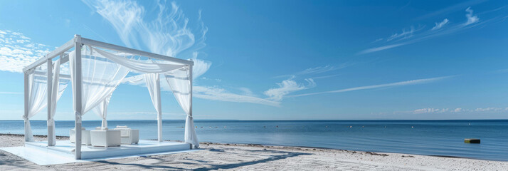 A pristine white beach gazebo under a blue sky with whimsical cloud formations, offering a peaceful waterside retreat