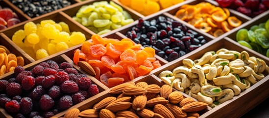 A wooden box filled with a variety of natural foods such as dried fruits and nuts, perfect...