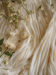 A soft, flowing cream-colored fabric adorned with small white flowers representing freshness and elegance in design
