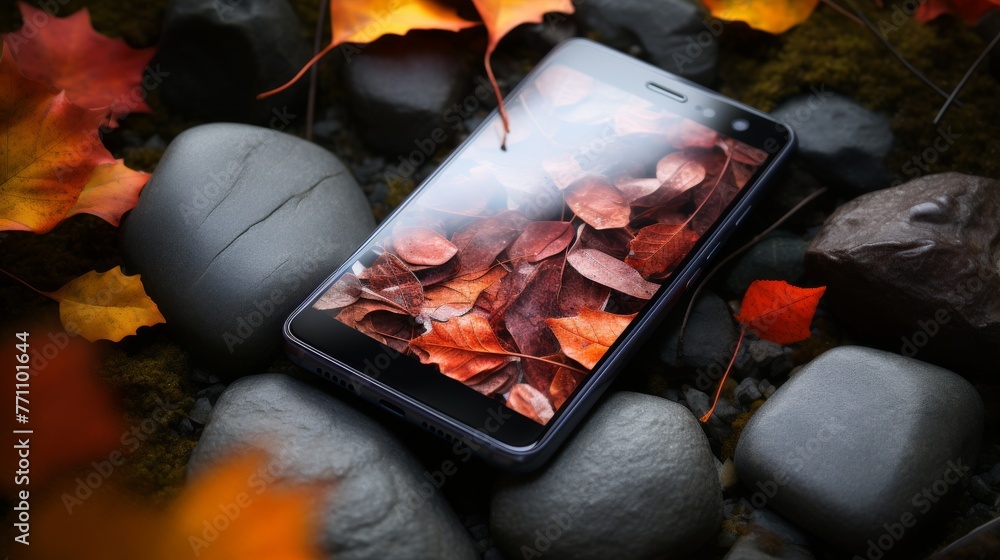 Aufkleber the smartphone is set against a stone texture background with a detailed image on the screen where v
