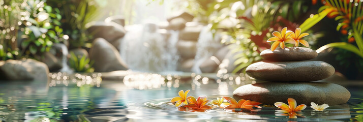 A serene spa ambiance with smooth stones carefully balanced, featuring vibrant orange flowers gently floating on calm water