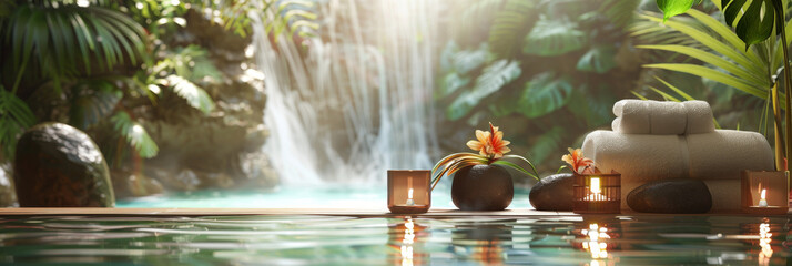 A serene spa setting with lit candles, towels, and flowers, creating a relaxing and rejuvenating atmosphere