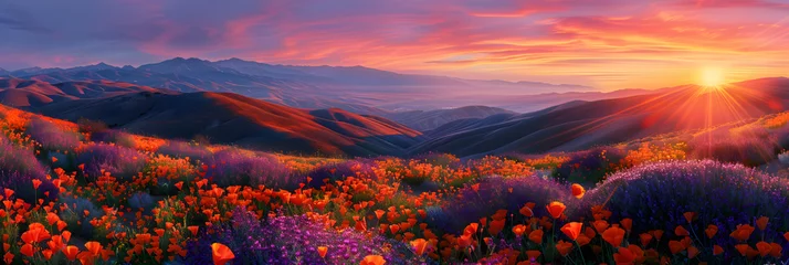 Rolgordijnen California's Poppy Fields at Dawn: A Tranquil High-Definition Landscape Wallpaper © Ollie