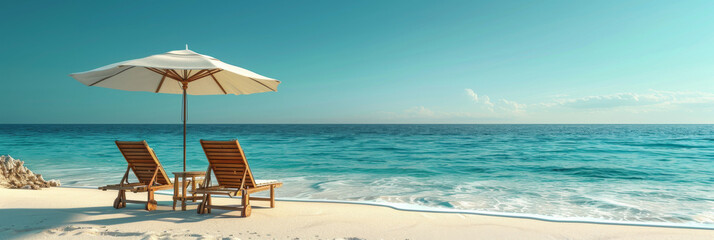 A serene beach scene with two wooden lounge chairs under a white beach umbrella, overlooking a clear blue ocean
