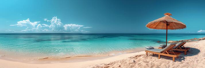 An inviting beach panorama with a solitary straw parasol and a comfortable lounge chair facing serene turquoise waters