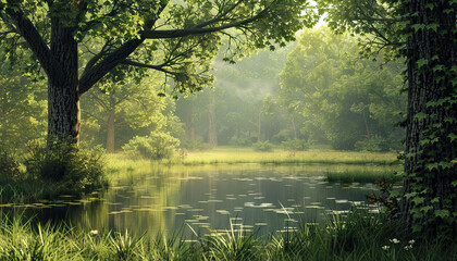 Fototapeta premium Nature's Serenity: A tranquil scene of a secluded forest glade, embodying the peace and beauty of untouched wilderness