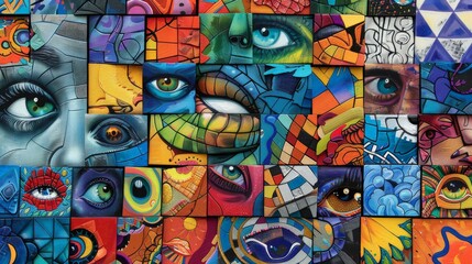 Fototapeta premium Close-up of a vibrant and eclectic collage, showcasing artistic and creative designs for wallpaper.