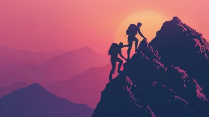 Climbers reaching the summit at sunset, Concept of teamwork, achievement, and adventure
