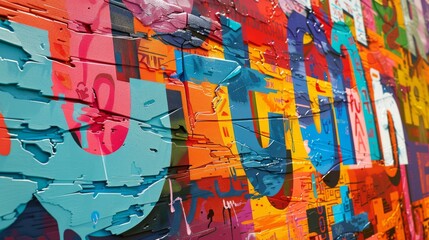 Detailed close-up of a vibrant wallpaper design showcasing artistic typography and lettering,...