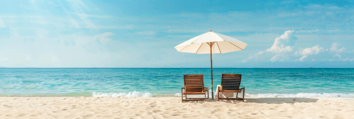 Two inviting wooden chairs sit under a sunshade by the crystal clear sea, offering a relaxing spot in the sun on an idyllic white sand beach with a captivating sea view