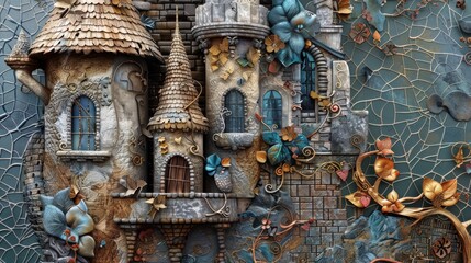 Obraz premium Close-up of a whimsical fairy-tale castle in an artistic and creative wallpaper design, evoking a sense of wonder.