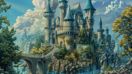A creative wallpaper design captures the essence of a whimsical fairy-tale castle in stunning detail, igniting a profound sense of awe. - obrazy, fototapety, plakaty