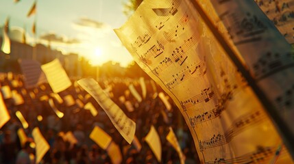 Dynamic close-up of sheet music fluttering in the breeze amidst the vibrant atmosphere of a music festival, evoking the thrill of live performances.